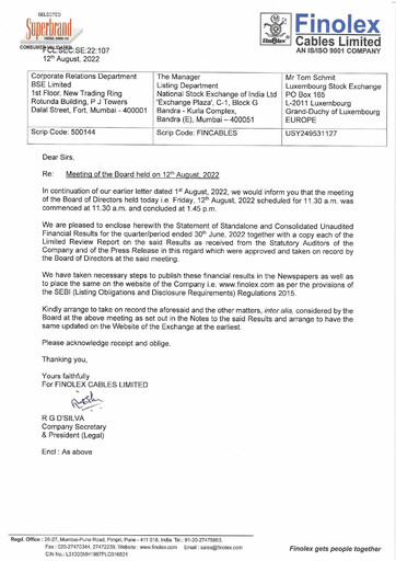 Vorschaubild Finolex Cables
 Quartalsbericht 2022-q1