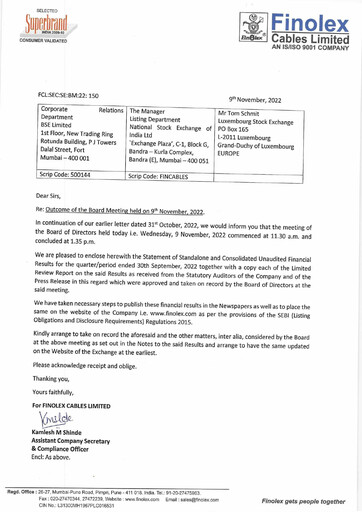 Vorschaubild Finolex Cables
 Quartalsbericht 2022-q2