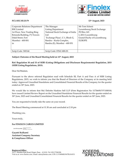 Vorschaubild Finolex Cables
 Quartalsbericht 2023-q1