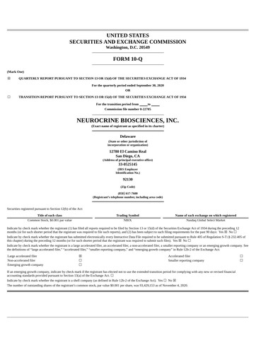 Thumbnail Neurocrine Biosciences
 Quarterly Report 2020-q3