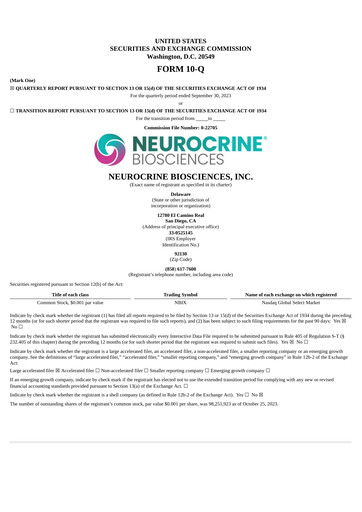 Thumbnail Neurocrine Biosciences
 Quarterly Report 2023-q3