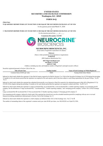 Thumbnail Neurocrine Biosciences
 Quarterly Report 2026-q1