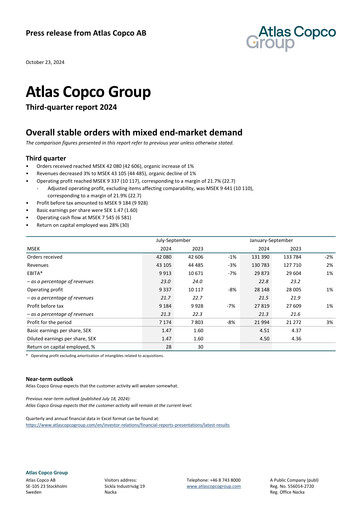 Miniature Atlas Copco
 Rapport trimestriel 2024-q3
