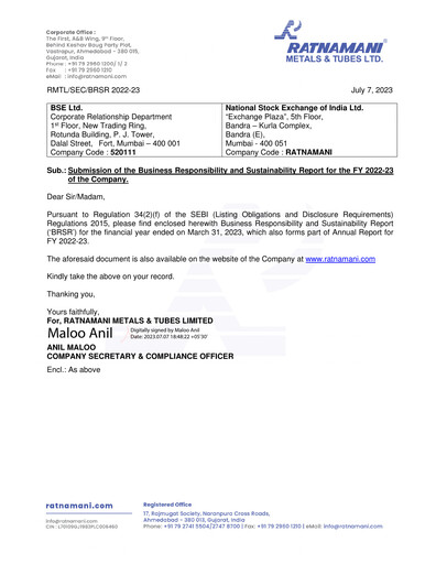 Vorschaubild Ratnamani Metals & Tubes ESG-Bericht 2022-2023