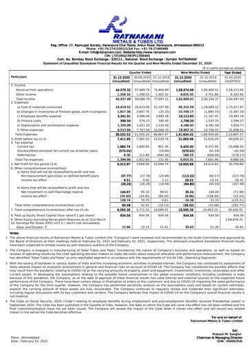 Vorschaubild Ratnamani Metals & Tubes Quartalsbericht 2020-q3