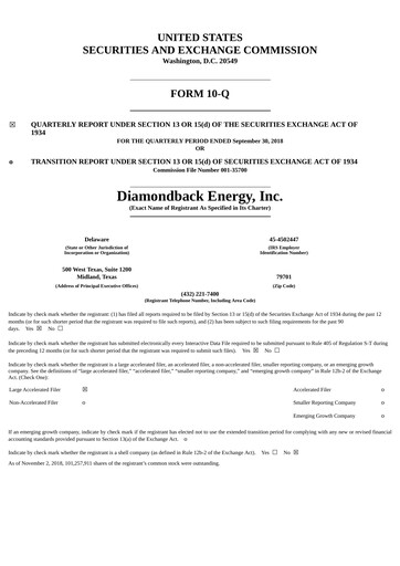Miniature Diamondback Energy
 Rapport trimestriel 2018-q3