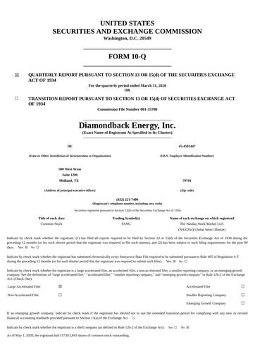 Miniature Diamondback Energy
 Rapport trimestriel 2020-q1