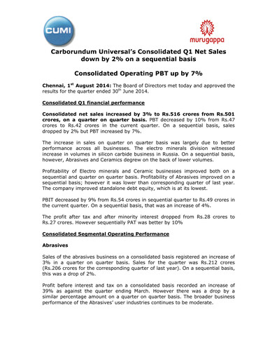 Thumbnail Carborundum Universal Quarterly Report 2014-q1
