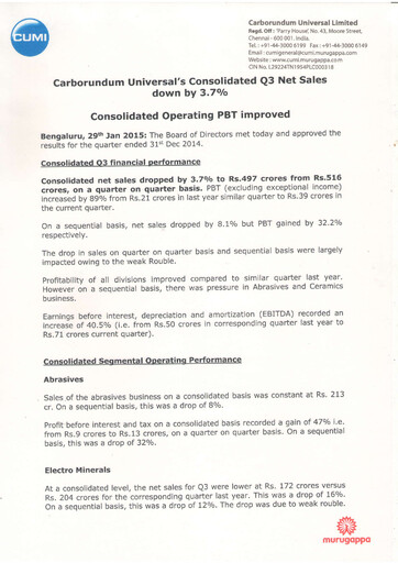 Thumbnail Carborundum Universal Quarterly Report 2014-q3