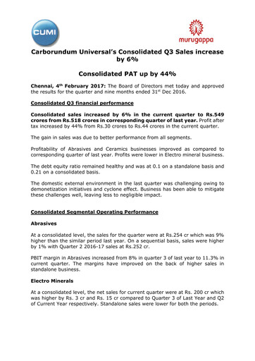 Thumbnail Carborundum Universal Quarterly Report 2016-q3