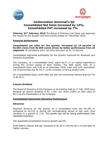 Thumbnail Carborundum Universal Quarterly Report 2018-q3