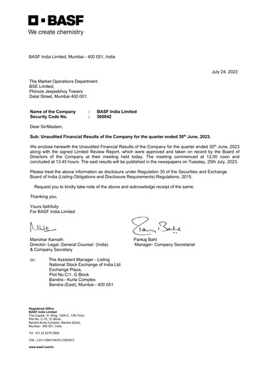 Thumbnail BASF India Quarterly Report 2023-q1
