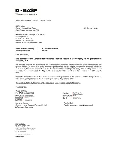 Miniature BASF India Rapport trimestriel 2026-q2