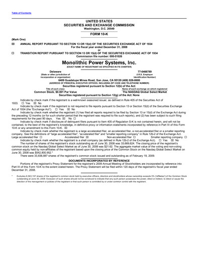 Thumbnail Monolithic Power Systems Annual Report 2008