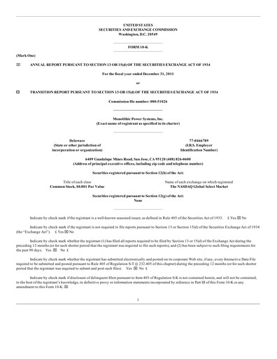 Thumbnail Monolithic Power Systems Annual Report 2011
