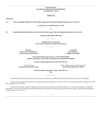 Thumbnail Monolithic Power Systems Annual Report 2012