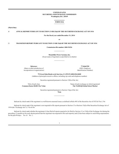 Thumbnail Monolithic Power Systems Annual Report 2014