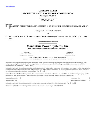 Thumbnail Monolithic Power Systems Quarterly Report 2010-q1