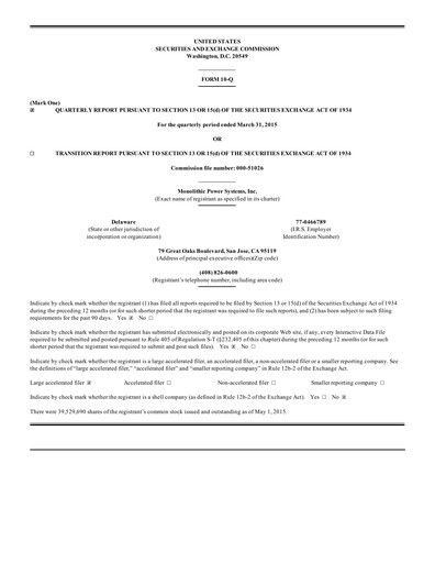 Thumbnail Monolithic Power Systems Quarterly Report 2015-q1