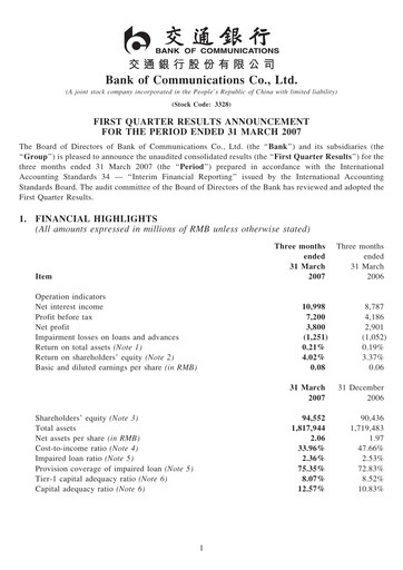 Thumbnail Bank of Communications Quarterly Report 2007-q1
