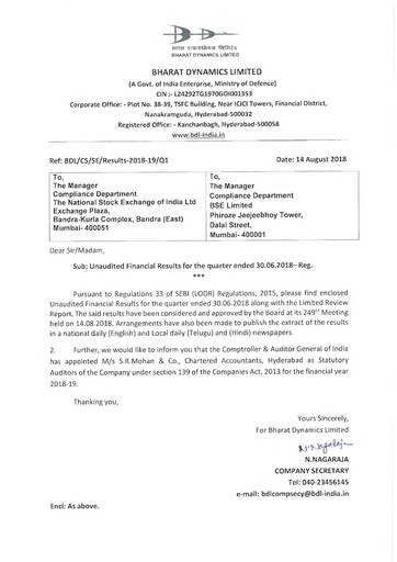 Thumbnail Bharat Dynamics
 Quarterly Report 2018-q1