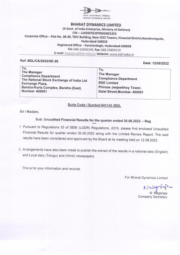 Thumbnail Bharat Dynamics
 Quarterly Report 2022-q1