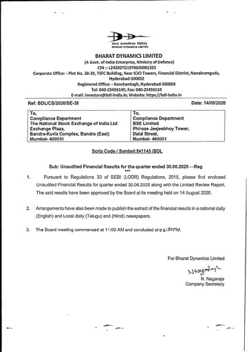 Miniature Bharat Dynamics
 Rapport trimestriel 2026-q1