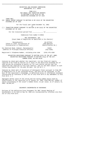 Thumbnail MKS Instruments Annual Report 2001