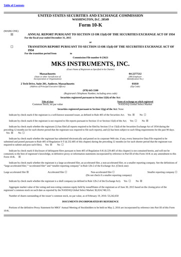 Thumbnail MKS Instruments Annual Report 2015
