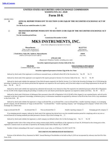 Thumbnail MKS Instruments Annual Report 2018