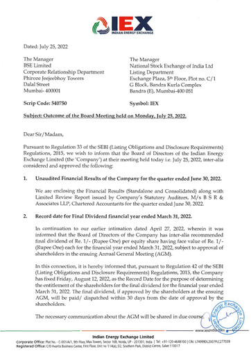 Miniature Indian Energy Exchange
 Rapport trimestriel 2022-q1