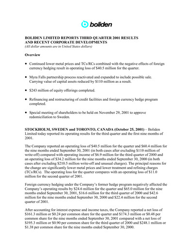Thumbnail Boliden Quarterly Report 2001-q3
