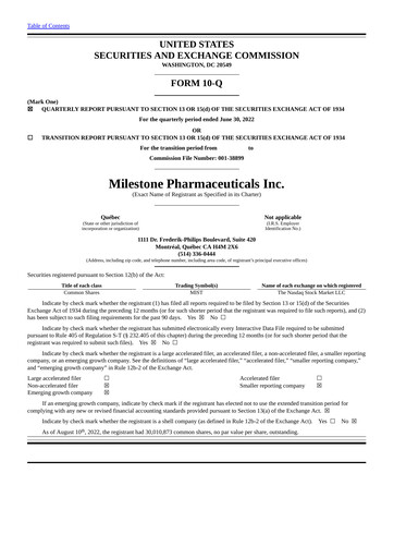 Vorschaubild Milestone Pharmaceuticals
 Quartalsbericht 2022-q2