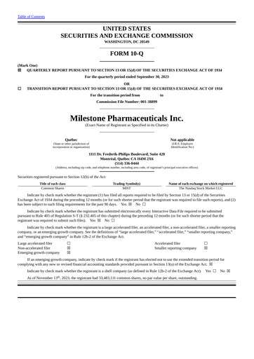 Vorschaubild Milestone Pharmaceuticals
 Quartalsbericht 2023-q3
