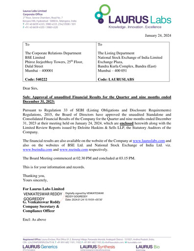 Miniature Laurus Labs
 Rapport trimestriel 2024-q3