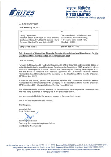 Thumbnail RITES
 Quarterly Report 2021-q3