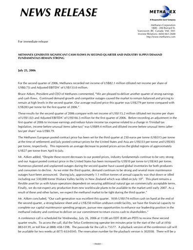 Vorschaubild Methanex Quartalsbericht 2006-q2