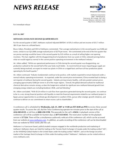 Vorschaubild Methanex Quartalsbericht 2007-q2