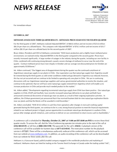Vorschaubild Methanex Quartalsbericht 2007-q3