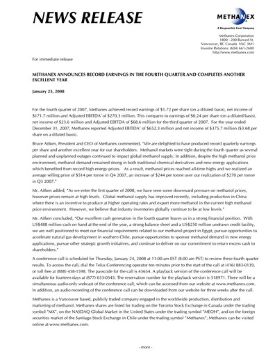 Vorschaubild Methanex Quartalsbericht 2007-q4