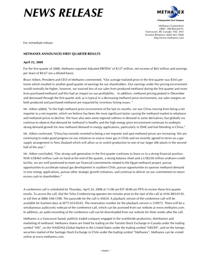 Vorschaubild Methanex Quartalsbericht 2008-q1