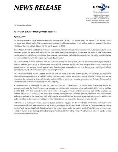 Vorschaubild Methanex Quartalsbericht 2009-q1