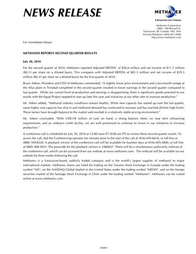 Vorschaubild Methanex Quartalsbericht 2010-q2