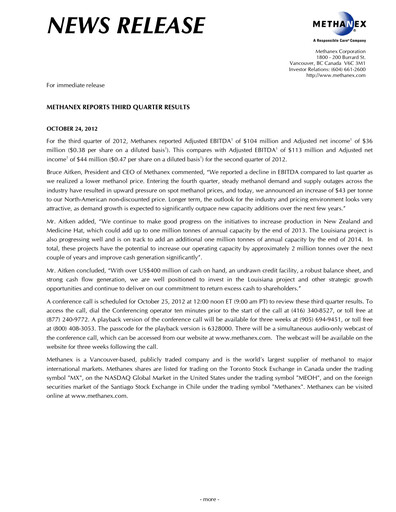 Vorschaubild Methanex Quartalsbericht 2012-q3
