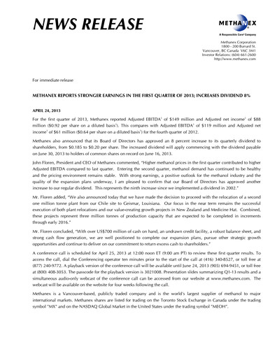 Vorschaubild Methanex Quartalsbericht 2013-q1