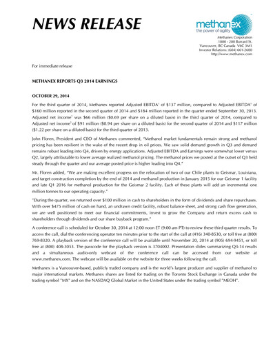 Vorschaubild Methanex Quartalsbericht 2014-q3
