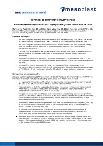 Thumbnail Mesoblast
 Quarterly Report 2022-q2