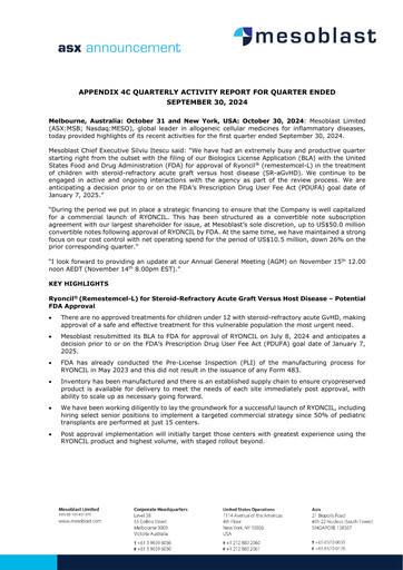 Thumbnail Mesoblast
 Quarterly Report 2024-q3