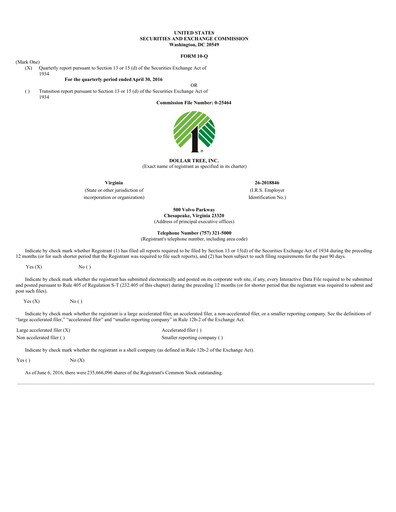 Thumbnail Dollar Tree Quarterly Report 2016-q1