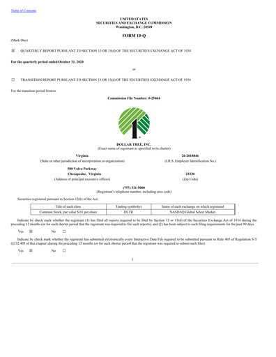 Thumbnail Dollar Tree Quarterly Report 2020-q3